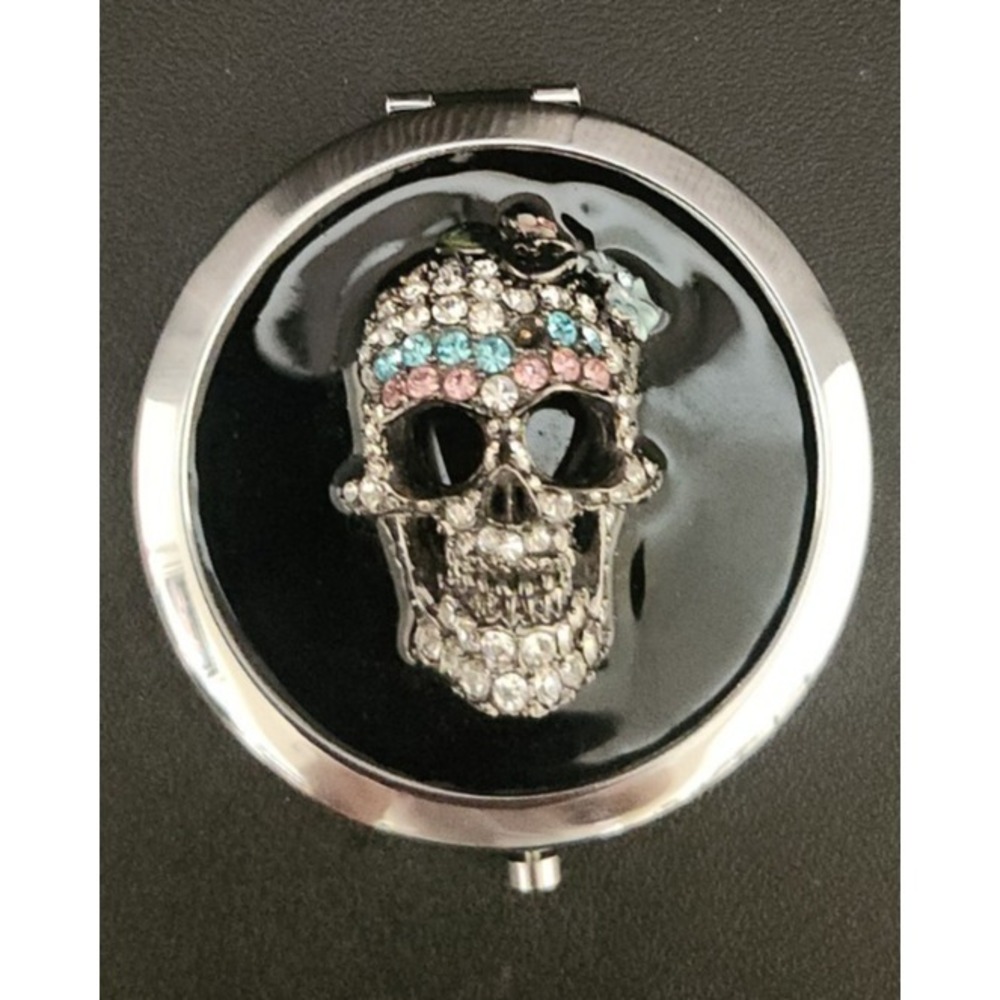 Glossy Black Skull Compact Mirror Rhinestone 3D Double Sided Pre-Owned